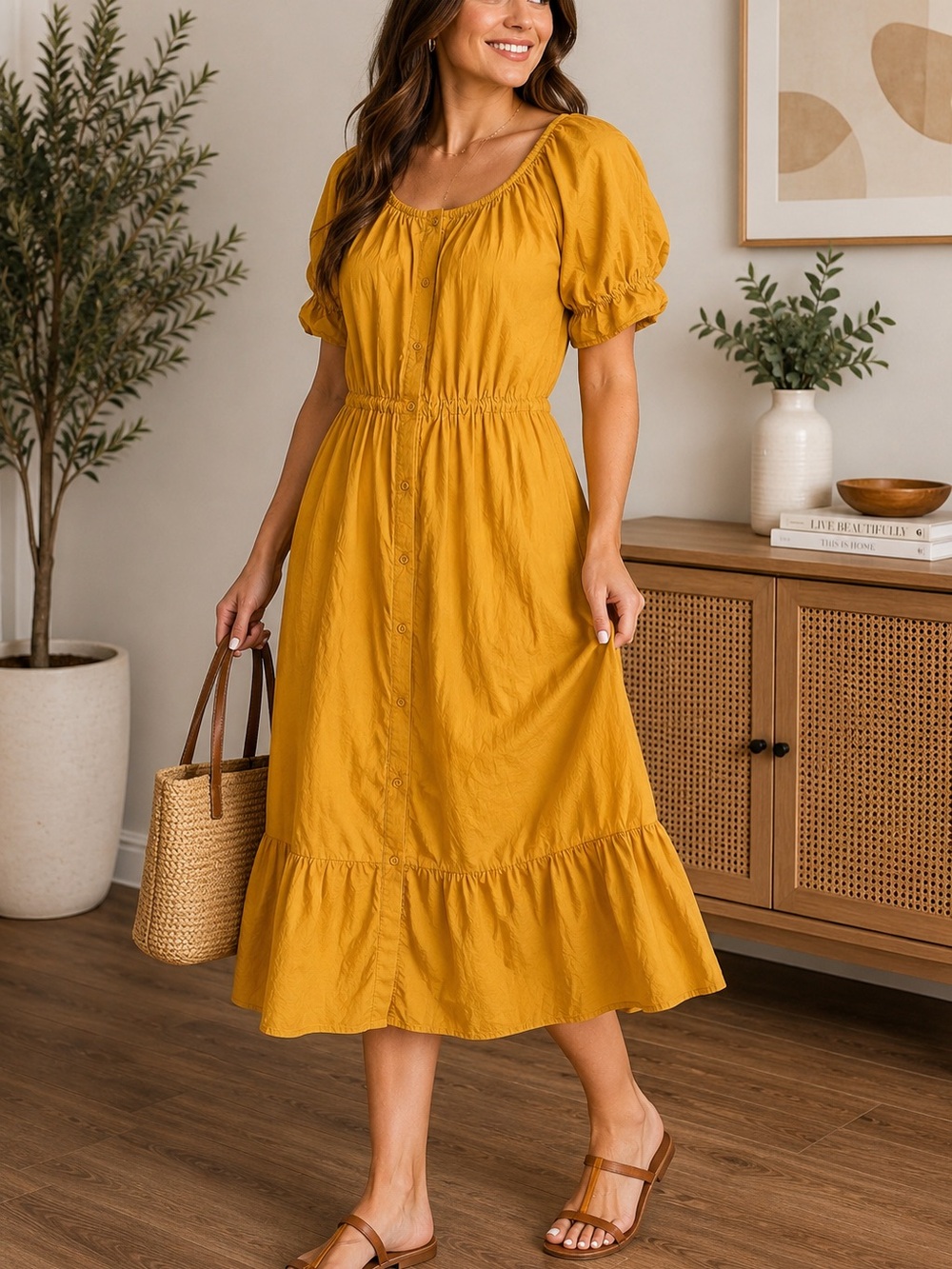 A Loves A Mustard Yellow Cotton Midi Dress – Size Large - Picture 2 of 4